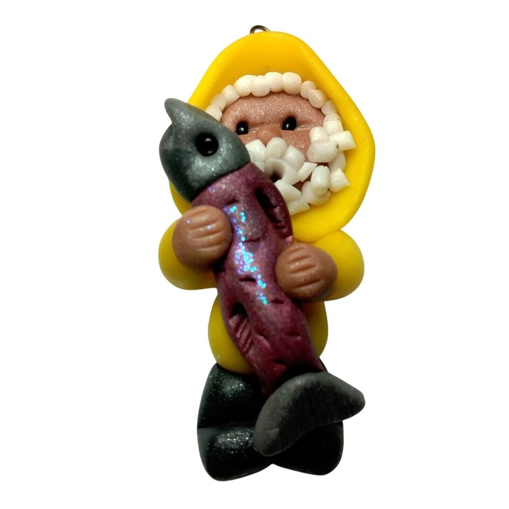 Handmade Fisherman Chrsitmas Ornament Sculpted Clay Fish Sea Fishing Art 2.25"